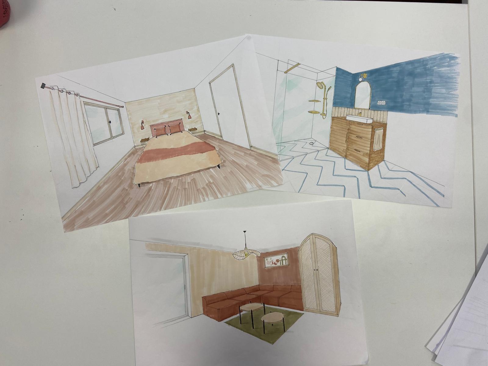 Croquis de perspectives d’intérieur pour un projet d’architecture d’intérieur à Angers